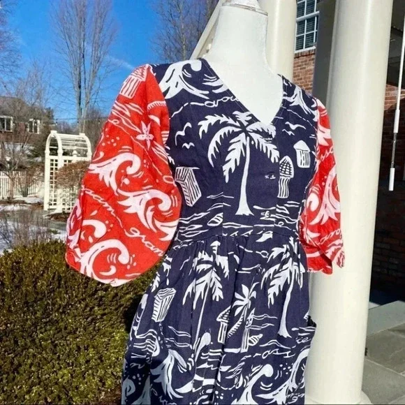 Anthropologie Place Nationale Linen Puff Sleeve Printed Midi Dress Red Small